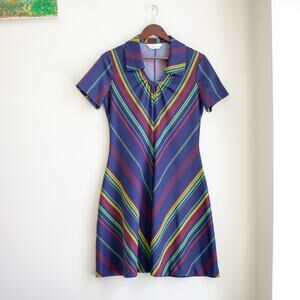 JCPenney Fashions Navy Striped Stretchy Collared Work Dress Size Medium Wide